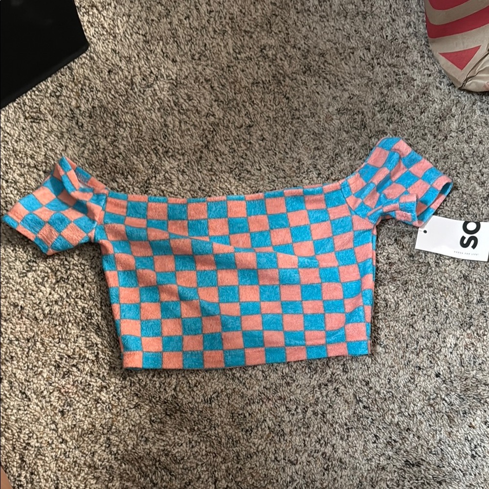 Kohl's Off-Shoulder Top with Blue and Pink Pattern